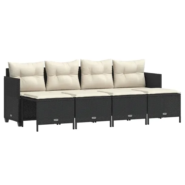 Zestaw Wypoczynkowy Rattan PE Czarny, Sofa 204x55x69,5 cm, 4 Podnóżki 50x