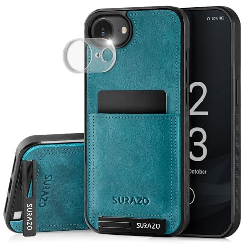 SURAZO Skórzane etui do Apple iPhone 16e, etui z ochroną aparatu – tylna strona etui na telefon komórkowy z prawdziwej skóry [funkcja stojaka] [kółko na klucze], odporne na uderzenia etui ze skóry