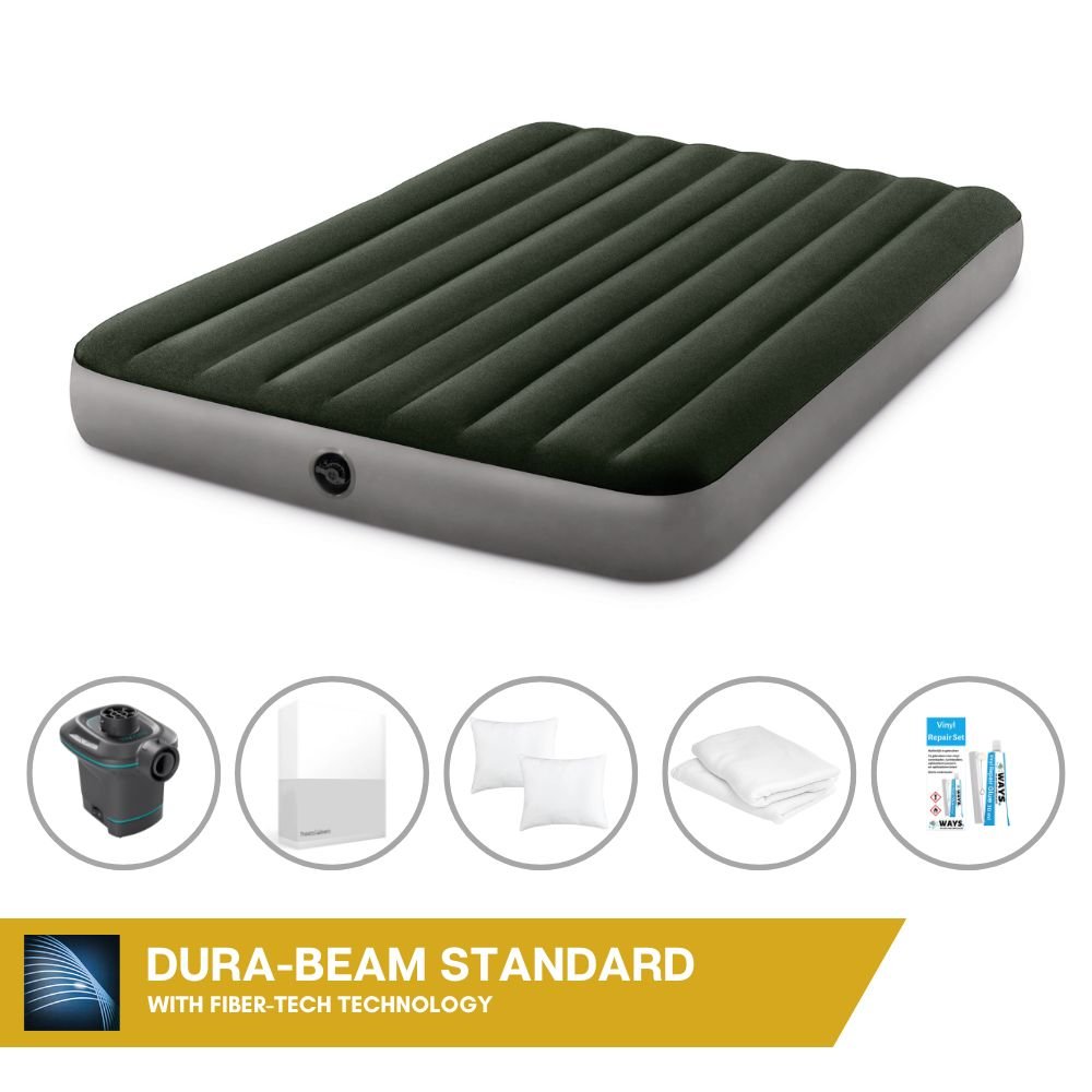 Łóżko dmuchane Intex - 2 osoby - 152 x 203 x 25 cm - zielone + pompka elektryczna Intex - 650 litrów/min + prześcieradło białe + poduszka + poszewki Molton 2 w 1 + zestaw naprawczy