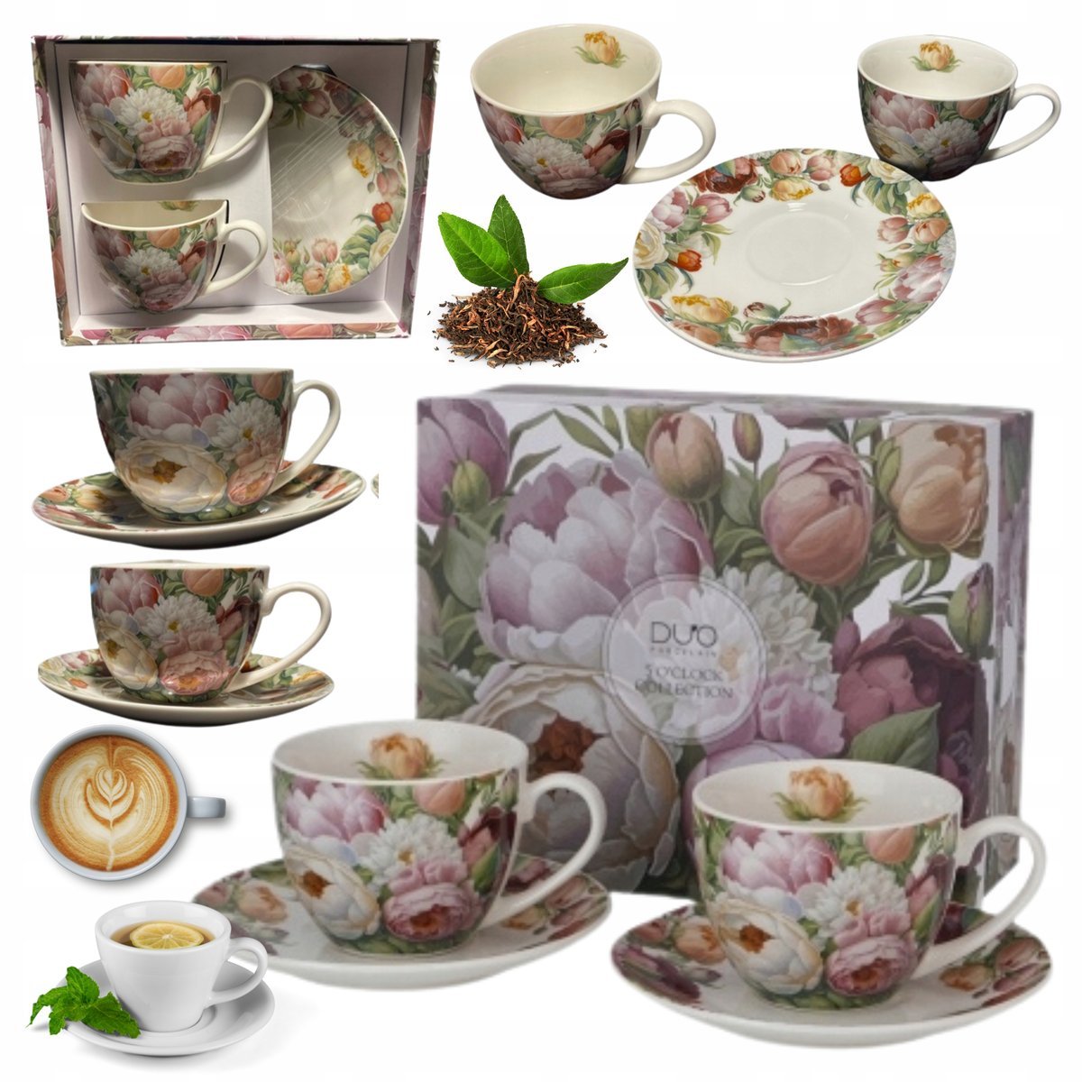 FILIŻANKA + SPODEK 270 ml 2 szt ELEGANCKI ZESTAW PORCELANOWY WZÓR PIWONIE