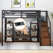 Łóżka dla dzieci i młodzieży - Łóżko piętrowe 140x200 cm - z gniazdkiem elektrycznym - drabinka bezpieczeństwa - ze stojakiem - czarne (materac nie jest wliczony w cenę) - miniaturka - grafika 1