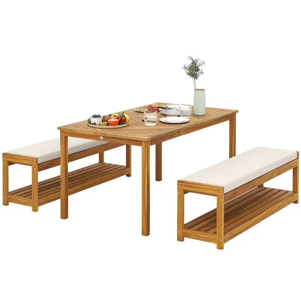 Zestaw mebli ogrodowych Outsunny Teak + Szary, stół 150x85x75 cm, 2 ławk