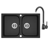 Zlewozmywaki - Laveo Celia granitowy 2-komorowy 65x44 cm z baterią zlewozmywakową granit SJCE720T - miniaturka - grafika 1