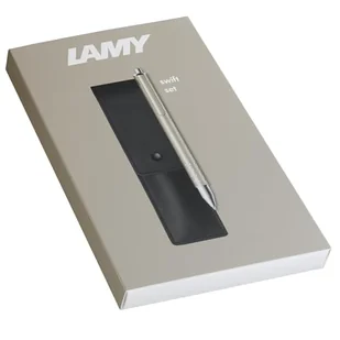 LAMY Zestaw składający się z 1 x pióro kulkowe Swift 330 ze stali nierdzewnej w matowym wykończeniu lakierowanym i 1 etui z prawdziwej skóry w kolorze czarnym na dwa przybory do pisania, w zestawie - Pióra kulkowe - miniaturka - grafika 1