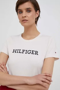 Koszulki sportowe damskie - Tommy Hilfiger t-shirt bawełniany kolor beżowy - grafika 1