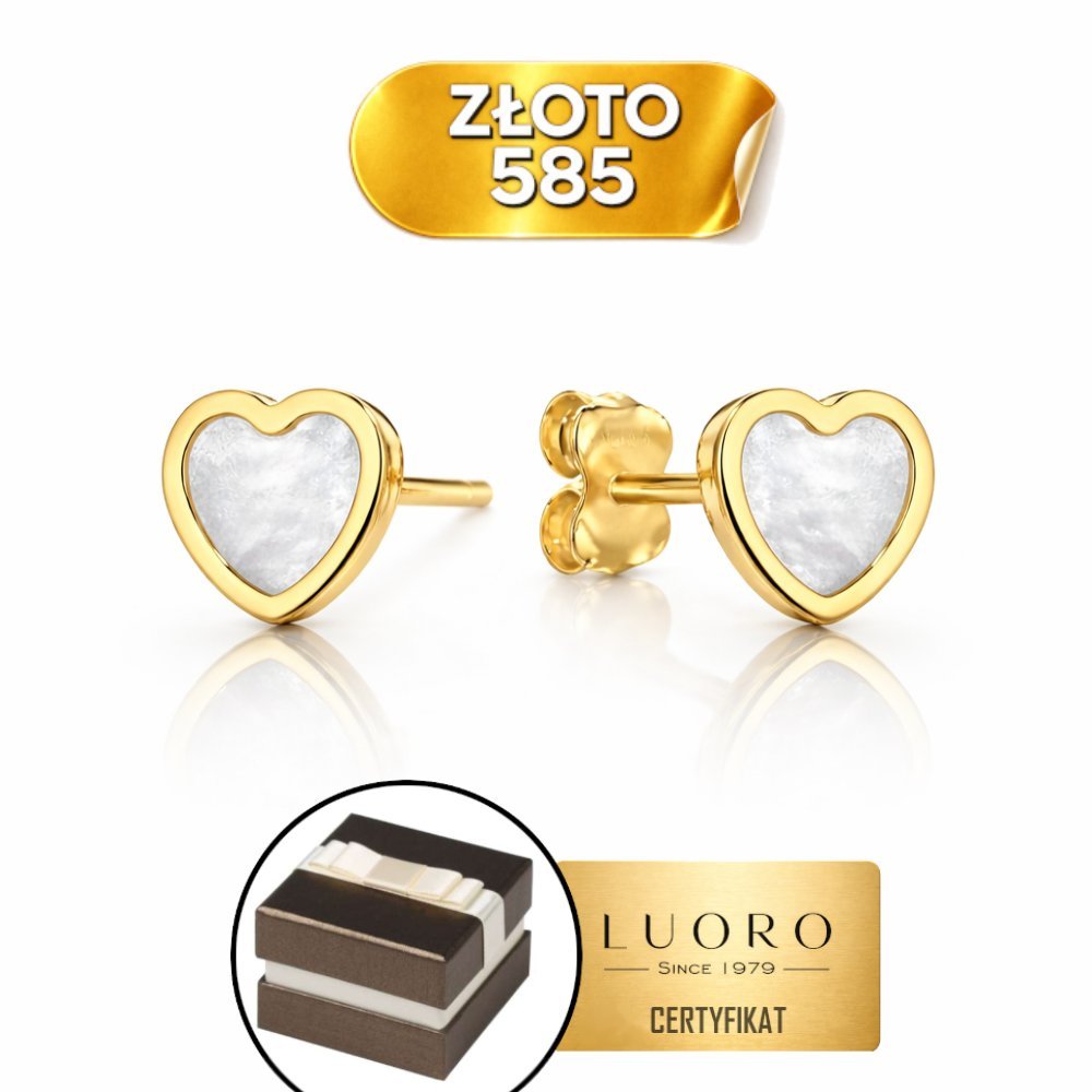 KOLCZYKI ZŁOTE 585 14K MAŁE SERCA Z MASĄ PERŁOWĄ SZTYFT 6 MM PREZENT