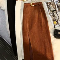 Spódnice - TEMU Zestaw Trzyczęściowy Damski: Elegancka Spódnia z Rozcięciem w Kolorze Khaki, Gruba i Jednokolorowa – Czarna - miniaturka - grafika 1