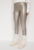 Legginsy - Szampańskie Legginsy z Ekoskóry z Guzikami Wysokim Stanem i Gumką w Talii Sintheria - miniaturka - grafika 1