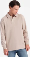 Bluzy męskie - Ombre Bluza męska z kołnierzykiem polo ze strukturalnej dzianiny - beżowa V2 OM-SSNZ-0149 S - miniaturka - grafika 1