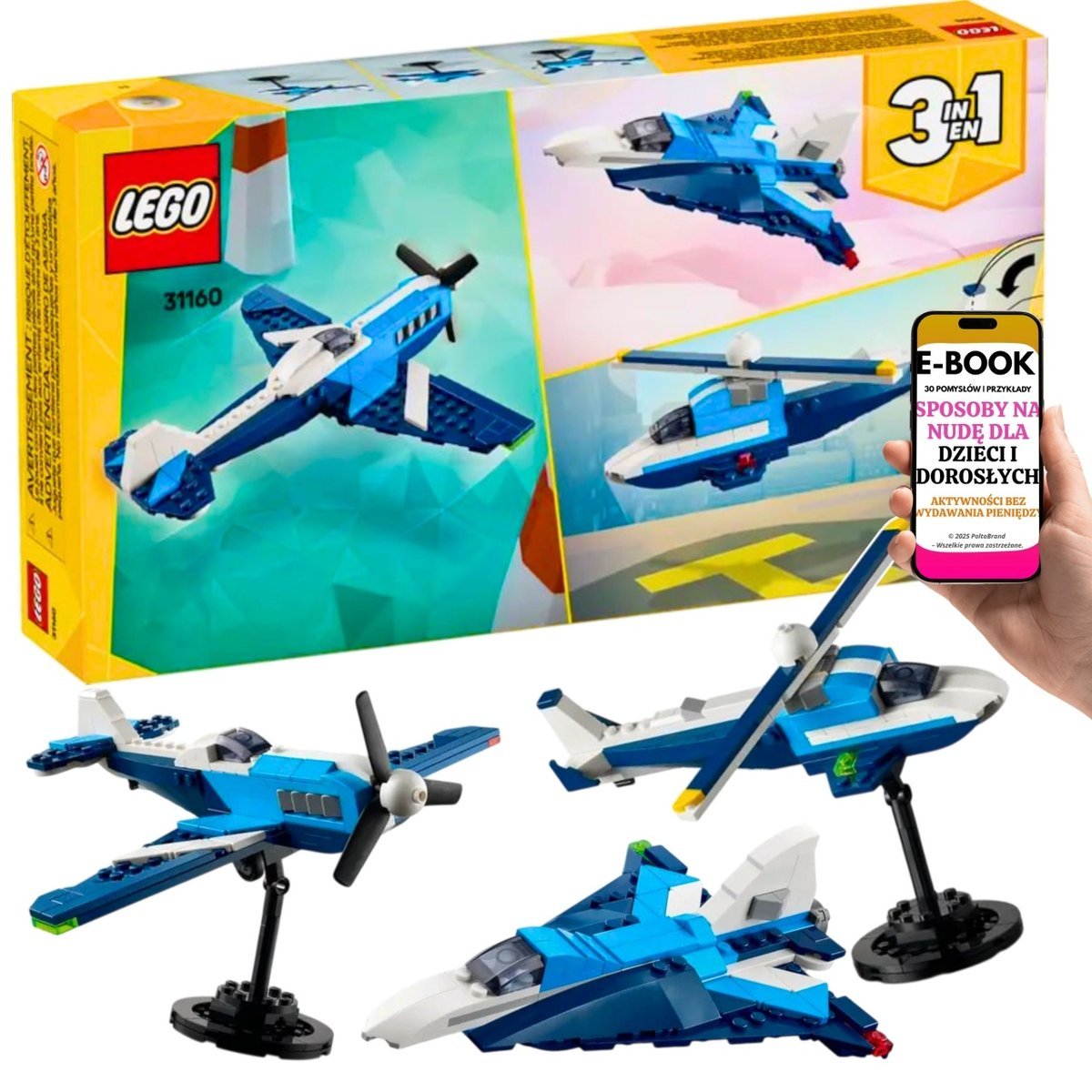 LEGO® Samolot Wyścigowy 3w1 Creator 31160 PREZENT DLA DZIECKA 7+ Helikopter + Odrzutowiec + Samolot • HIT + EBOOK-3