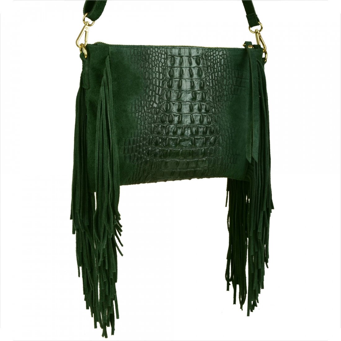 Borse in Pelle włoska listonoszka z frędzlami skóra naturalna zieleń butelkowa wzór aligatora