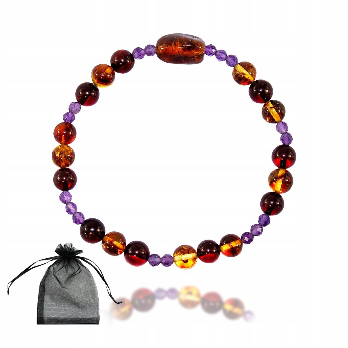 Bransoletka z Bursztynu i Fasetowanego Ametystu kamienie naturalne na gumce