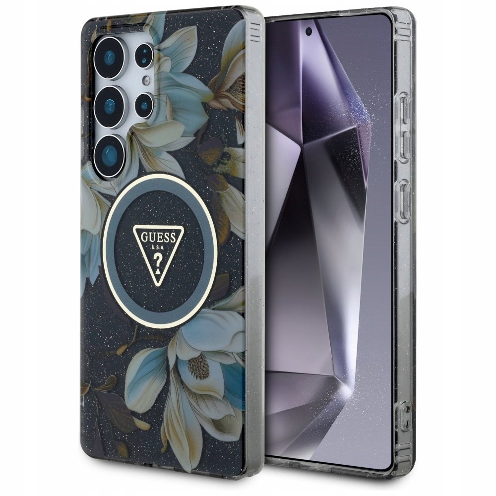Guess Etui Glitter Flowers Triangle Buttons MagSafe do Galaxy S25 Ultra, czarne