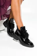 Botki damskie - Czarne botki damskie lakierowane na szerokim klocku z kokardą i kryształkami wycięcia po bokach Casu BC24X9-B-36 - miniaturka - grafika 1