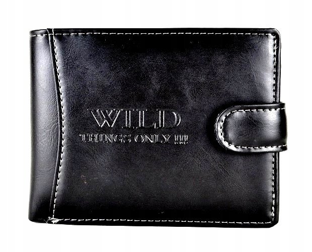 CZARNY Zapinany PORTFEL Męski Młodzieżowy Portmonetka + ZAPNIKA SKÓRA Wild