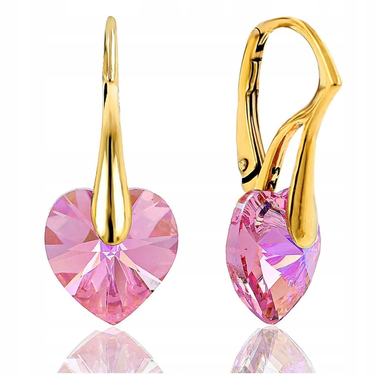 KOLCZYKI SWAROVSKI ZŁOTE SERCA WISZĄCE RÓŻOWE, SREBRO PRÓBA 925, POZŁACANE