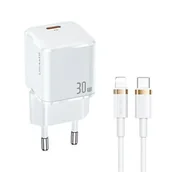 Ładowarki do telefonów - USAMS Ład. siec. USB-C T45 30W PD3.0 +QC3.0 Fast Charging +kabel U63 USB-C/Lightning biały/white UXTZH02 (USAMS-UX) - miniaturka - grafika 1