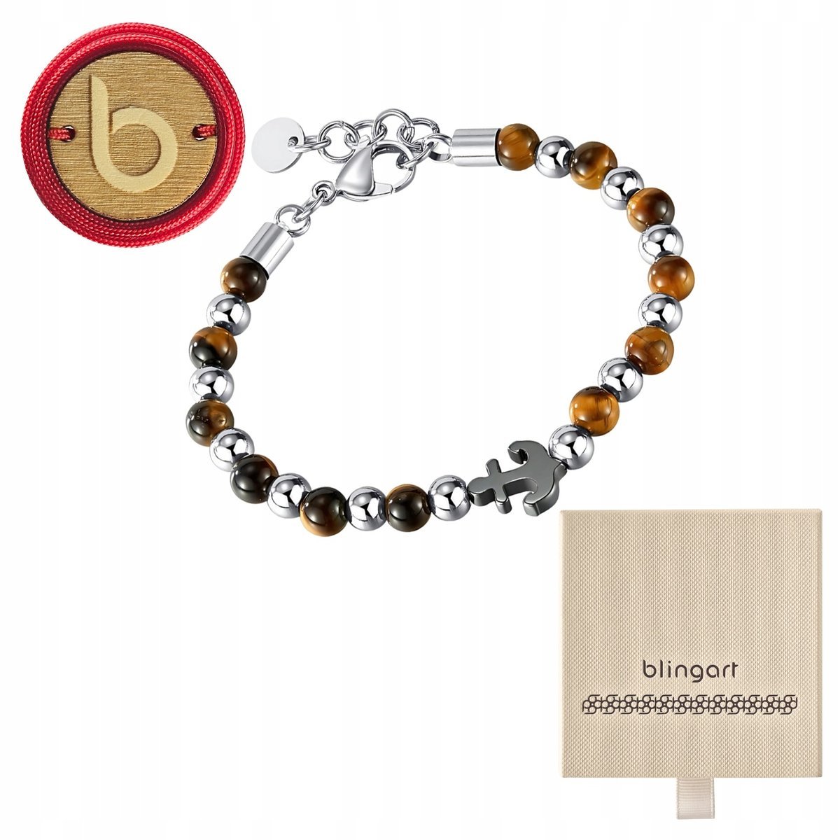 Bransoletka męska z kamieni naturalnych tygrysie oko kotwica stal BLINGART