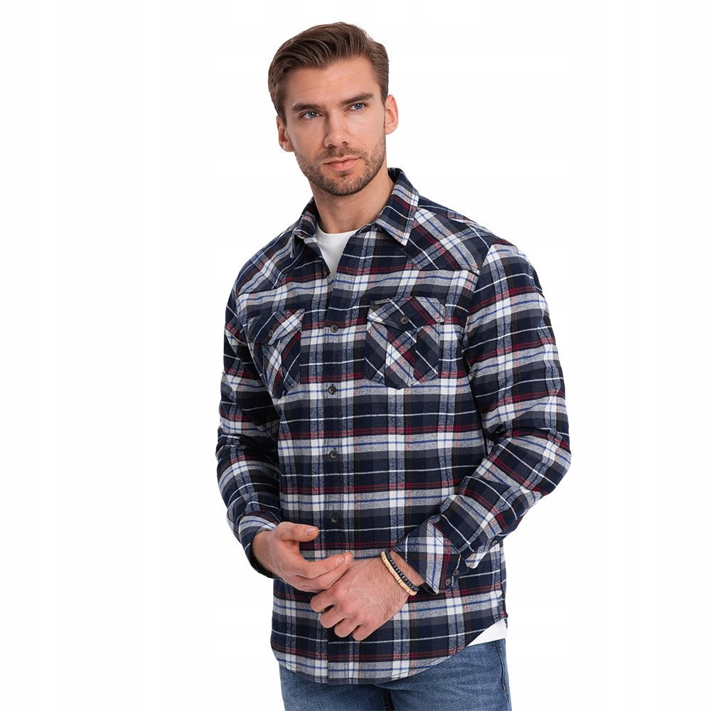 Męska flanelowa koszula w kratę granatowo-czerwona V2 OM-SHCS-0149 S