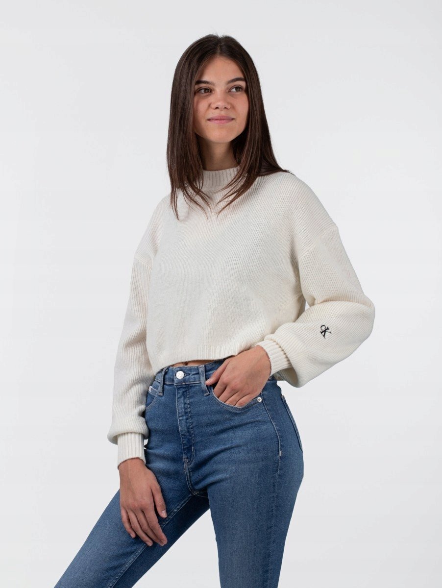 CALVIN KLEIN JEANS ECRU SWETER Z GOLFEM I CZARNYM HAFTEM WEŁNA XS XTA