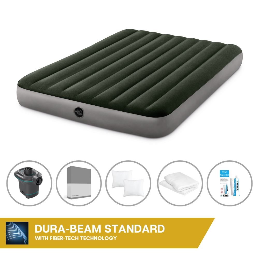 Łóżko dmuchane Intex - 2 osoby - 152 x 203 x 25 cm - zielone + pompka elektryczna Intex - 650 litrów/min + prześcieradło antracytowe + poduszka + poszewki Molton 2 w 1 + zestaw naprawczy