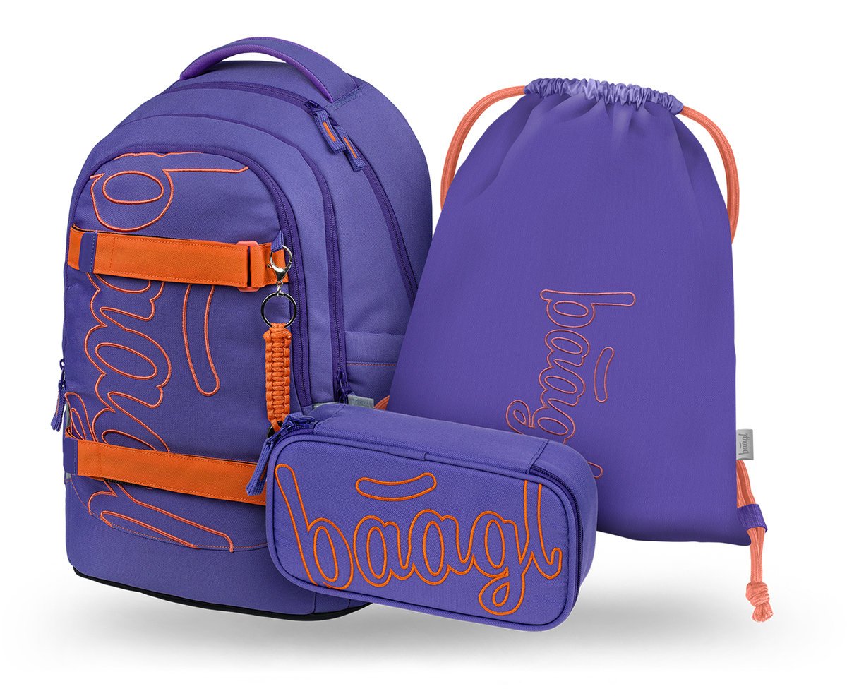 BAAGL Zestaw Szkolny 3w1 Plecak Ergonomiczny Skate Max Orange Fioletowy z kieszenią na laptopa 31L + Piórnik + Worek