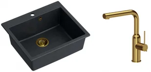 Quadron Zlewozmywak granitowy jednokomorowy 57*50*22 cm MORGAN 110 BLACK DIAMOND ze złotym odpływem z baterią ANGELINA Q LINE z wyciąganą wylewką kolor złoty - Zlewozmywaki z baterią - miniaturka - grafika 1