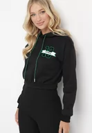 Bluzy damskie - Czarna Bluza o Krótkim Fasonie z Kapturem i Ściągaczami oraz Nadrukiem Varel - miniaturka - grafika 1