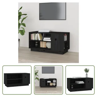 The Living Store szafka pod telewizor czarna 80x35x40,5 cm lite drewno sosnowe - Szafki RTV - miniaturka - grafika 1