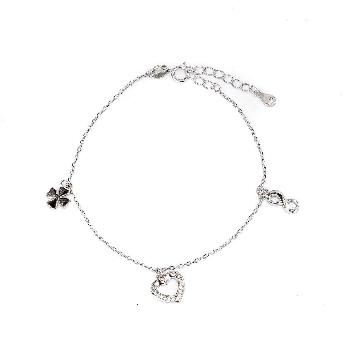 Srebrna bransoletka 925 serce nieskończoność koniczyna