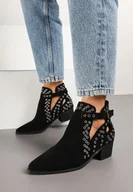 Botki damskie - Czarne Botki Kowbojki na Słupku Ozdobione Nitami i Wycięciem Eleawena - miniaturka - grafika 1