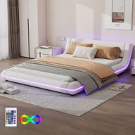 Łóżka - Łóżko tapicerowane Flieks 140x200cm z LED, podwójne łóżko młodzieżowe ze stelażem listwowym, klasyczne łóżko drewniane łóżko pływające łóżko podłogowe, PU, białe - miniaturka - grafika 1