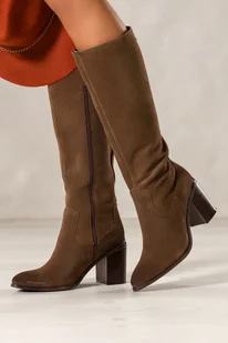Brązowe kozaki skórzane damskie Sergio Leone przed kolano na ozdobnym słupku pasek z nitami PA74331-H - Kozaki damskie - miniaturka - grafika 1