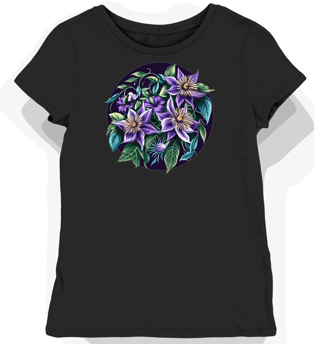 Koszulka damska czarna z motywem purpurowego kwiatu pasji XXL