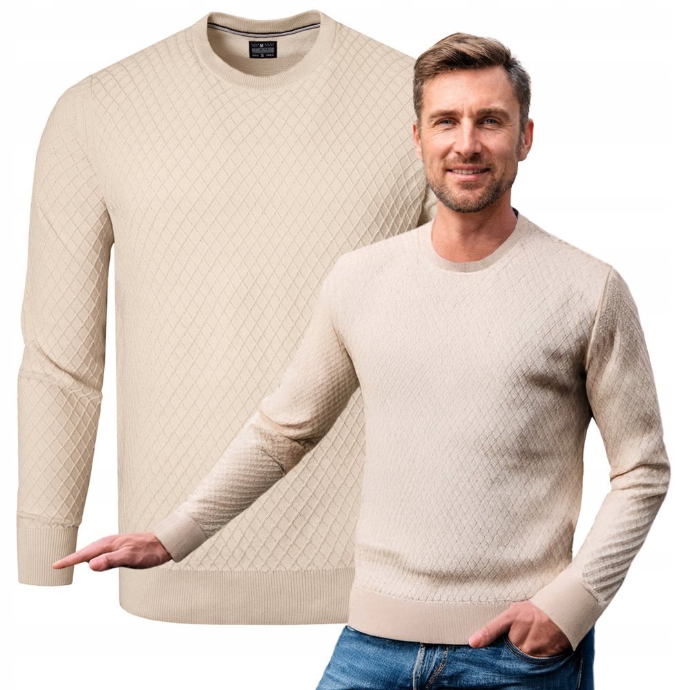 Elegancki SWETER Męski Klasyczny BEŻOWY Bawełniany 2XL Pako Jeans
