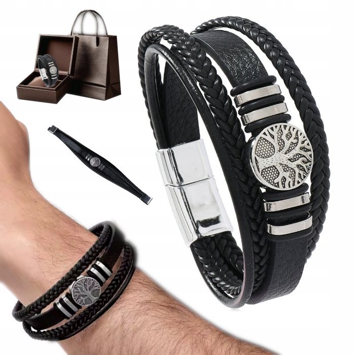 Bransoletka Skórzana dla MĘŻA Męska Elegancka Masywna Na Prezent