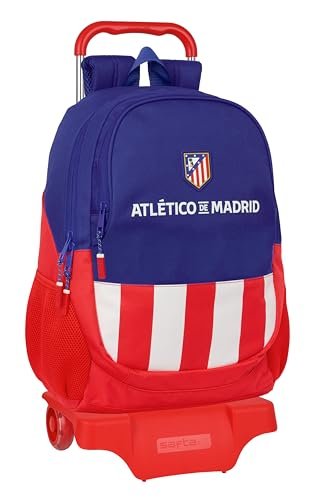 Safta ATLETICO DE MADRID - Plecak szkolny z wózkiem, idealny dla dzieci w różnym wieku, wygodny i wszechstronny, jakość i wytrzymałość, 33 x 15 x 43 cm, Czerwony/niebieski/biały, M, Casual