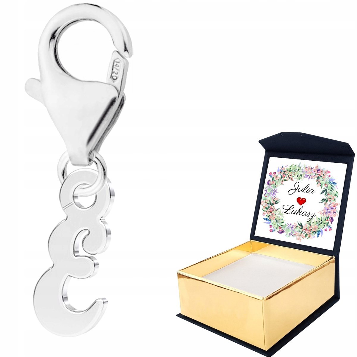 Zawieszka Srebrna Literka E Litera + WŁASNY NADRUK