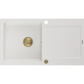 Zlewozmywaki - Mexen Leo zlewozmywak granitowy 1-komorowy z ociekaczem 900 x 500 mm, biały, syfon złoty - miniaturka - grafika 1