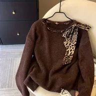 Swetry damskie - TEMU Brązowy Sweter Oversize z Kołnierzem w Lamparcie Wzory i Kokardą - Miękki Sweter z Okrągłym Dekoltem i Długim Rękawem, Płaszczopodobny Top, - miniaturka - grafika 1
