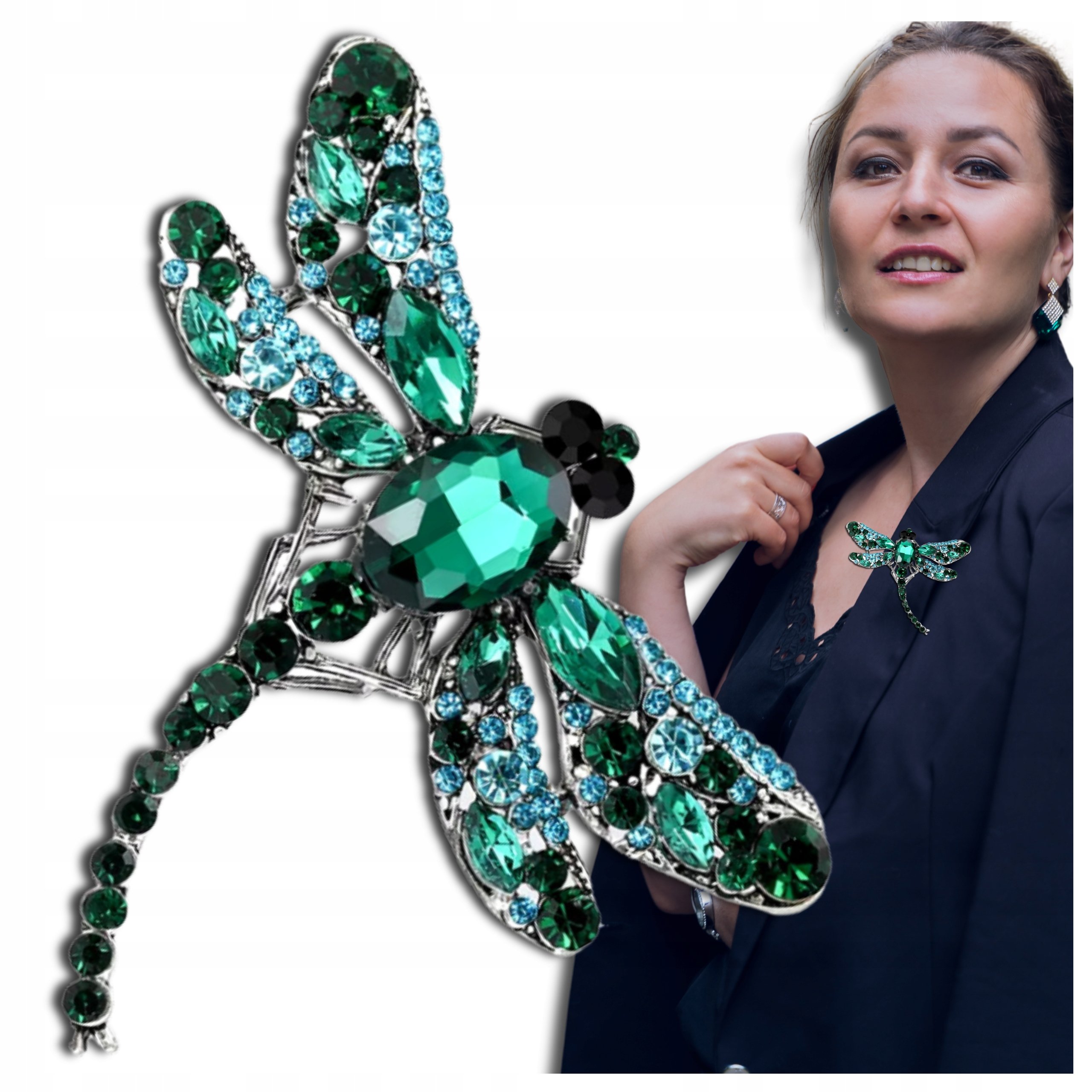 Ważka owad Broszka z cyrkoniami pin Zielona przypinka damska retro boho