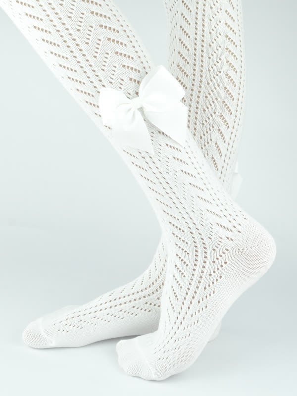 Rajstopy bawełna ażurowe z kokardką ecru 104-110 cm