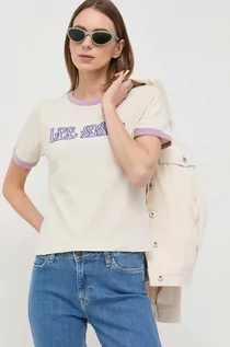 Koszulki sportowe damskie - Lee t-shirt bawełniany kolor beżowy - grafika 1