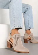Botki damskie - Jasnobeżowe Ażurowe Botki Vices na Słupku w Stylu Kowbojek Ozdobione Wycięciem Isfedi - miniaturka - grafika 1