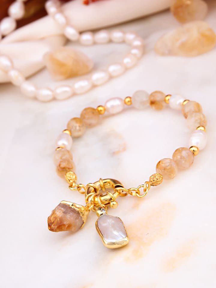 L'Atelier de Gaia Pozłacana bransoletka z cytrynem i perłami