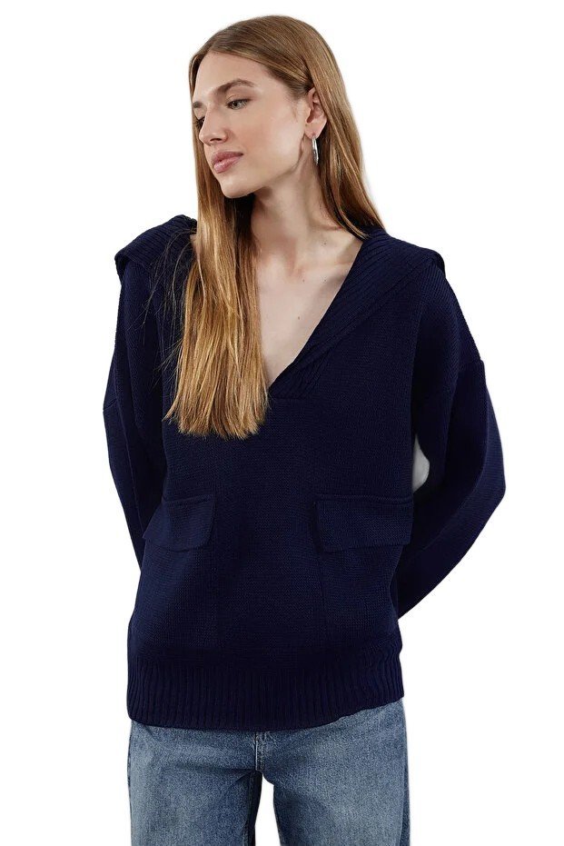 TRENDYOL GRANATOWY SWETER DAMSKI Z KAPTUREM I KIESZENIAMI M 5EA*