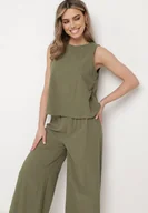 Komplety damskie - Ciemnozielony Bawełniany Komplet Top i Szerokie Spodnie Kuloty Sinelia - miniaturka - grafika 1