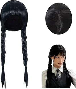PERUKA WEDNESDAY ADDAMS CZARNA WARKOCZE 55 cm - Dodatki do strojów karnawałowych - miniaturka - grafika 1