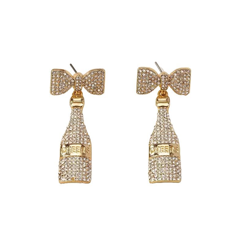 Świecące Sylwestrowe Kolczyki Butelka Szampana z Kokardą Kolor Złoty