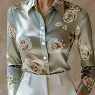 Koszule damskie - TEMU Elegancka Bluzka Damska - Beżowa Kurtka z Różowym Kołnierzykiem, Wielosezonowa Strukturalna Marynarka z Guzikami i Białym Różowym Nadrukiem, - miniaturka - grafika 1
